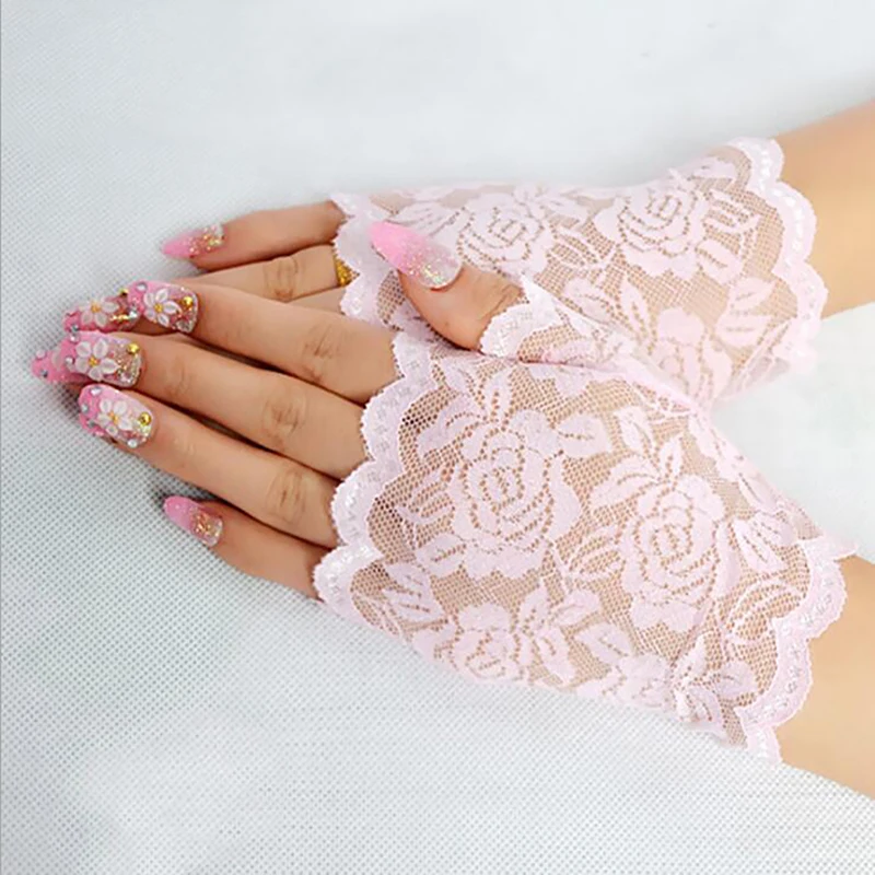 

Womens Halloween Gothic Black Lace Wrist Cuffs Bracelets Party Sunscreen Rhinestone Bowknot Fingerless Gloves