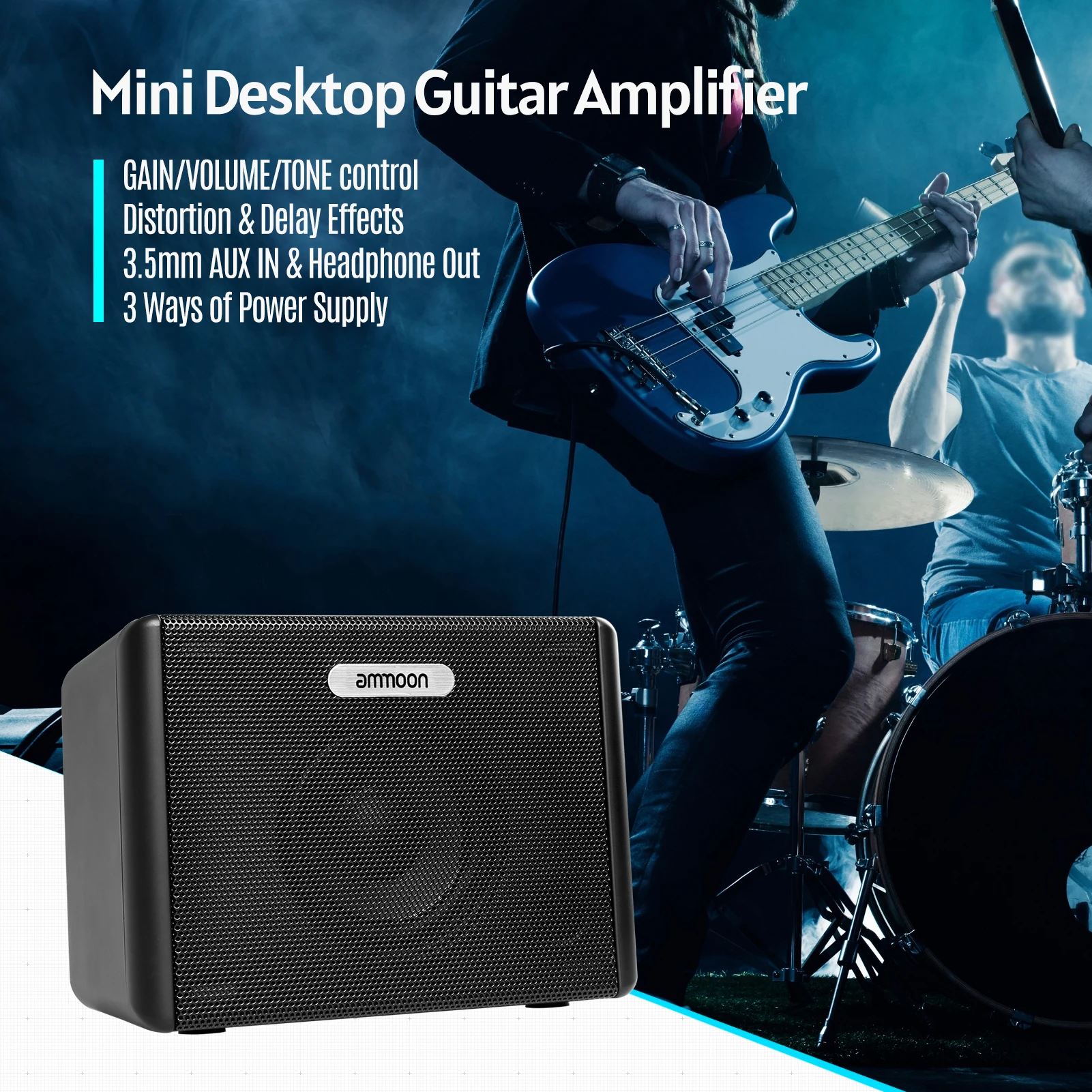 

ammoon AM-3 Mini Desktop Electric Guitar Amplifier 3.2W Amp Built-in Distortion Delay Effects with 3.5mm Headphone Output Aux In