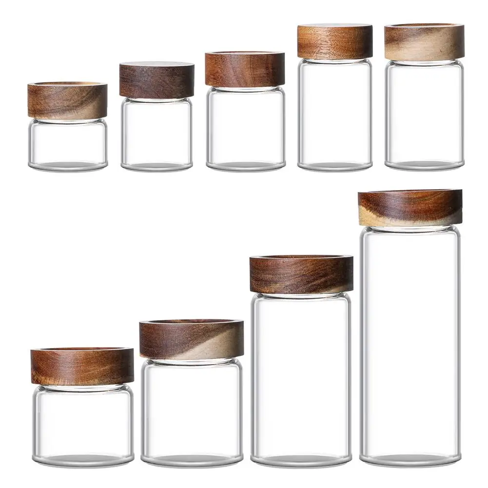 Glass Storage Jar With Wooden Lid Empty Glass Mason Candy Jar Spices Storage Bottle Canisters Kitchen Food Container Organizer