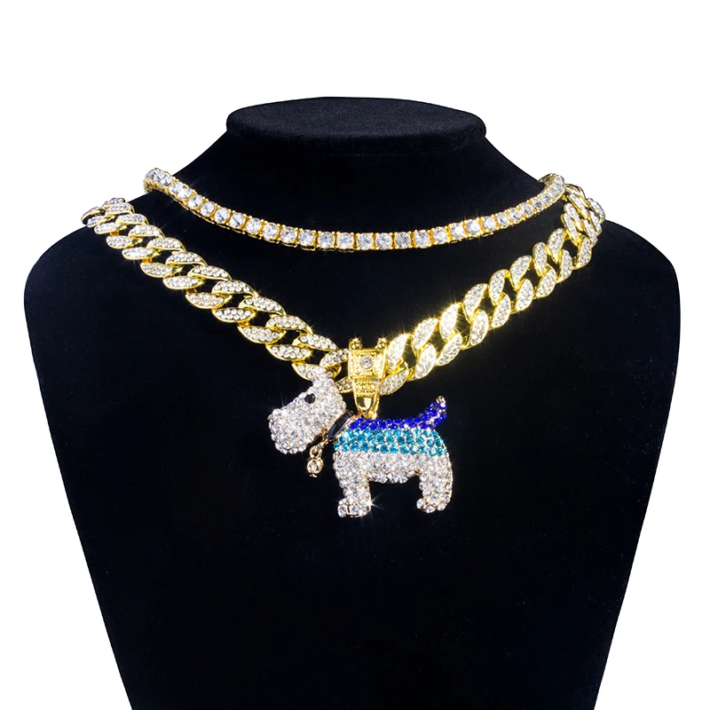

Full Iced Out Puppy Pendant & 18" Miami Curb Cuban Chain & 16"1 Row Tennis Chain Hip Hop Gold Paved CZ Bling Men Jewelry