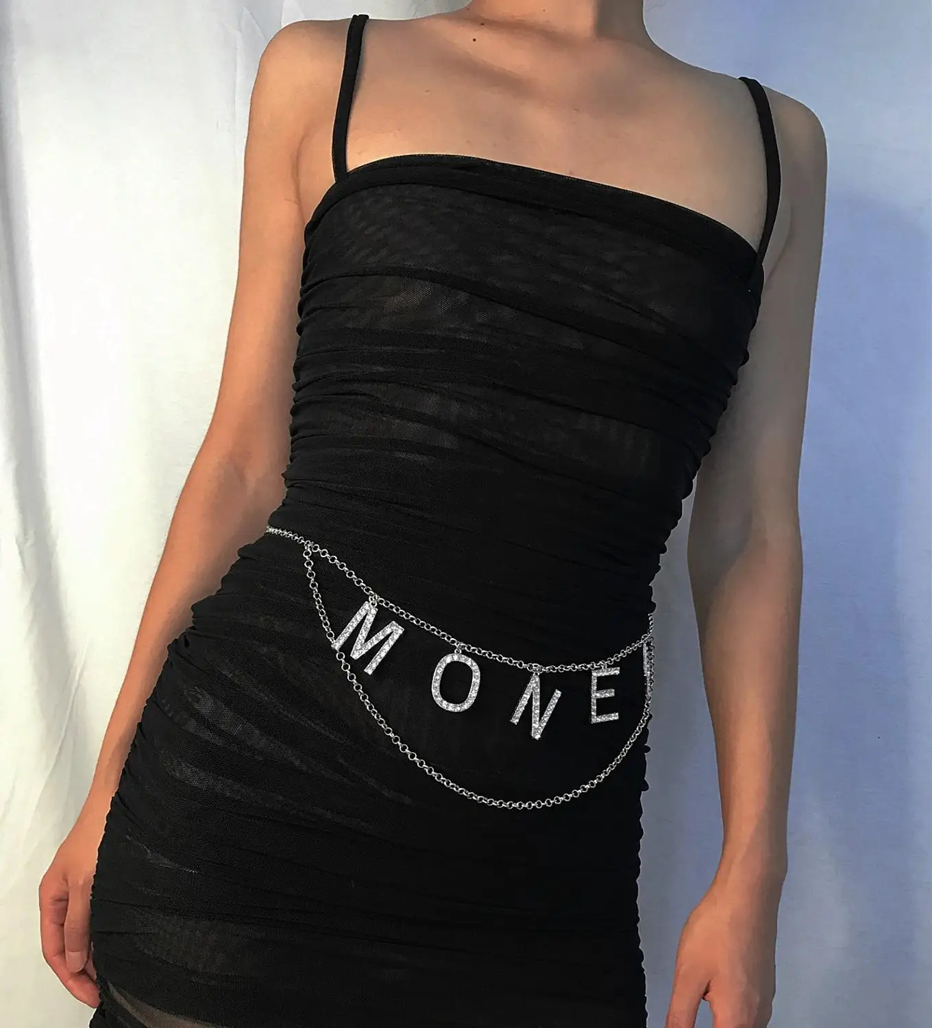 

European and American personality metal simple 100-tassel waist chain woman, diamond-studded MONEY letter pendant body chain
