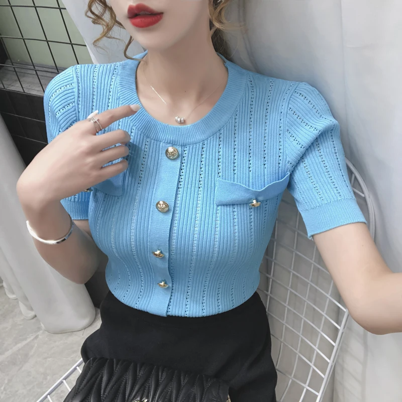 

Girls O-neck Short Sleeve Elegant Knitted Cropped T-shirts Tees Women's Buttons Hollow Out Slim Vintage Tshirt Crop Tops