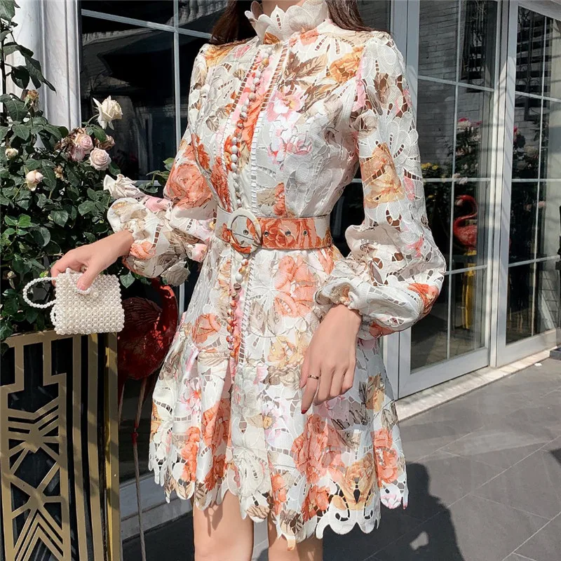 

High-end Custom Floral Embroidery Hollow Out Lace Dress Women Ruffles Stand Collar Lantern Sleeve Single-Breasted Mermaid Dress