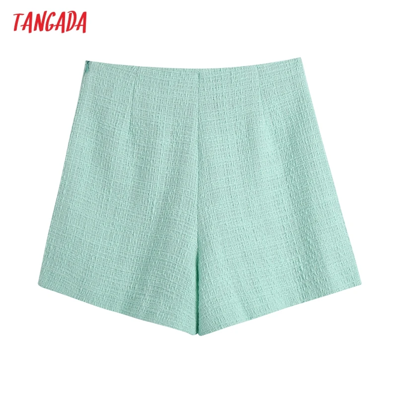 

Tangada Women's Set Green Crop Tweed Blazer Coat and Shorts 2021 Fashion Female 2 Piece Set BE588