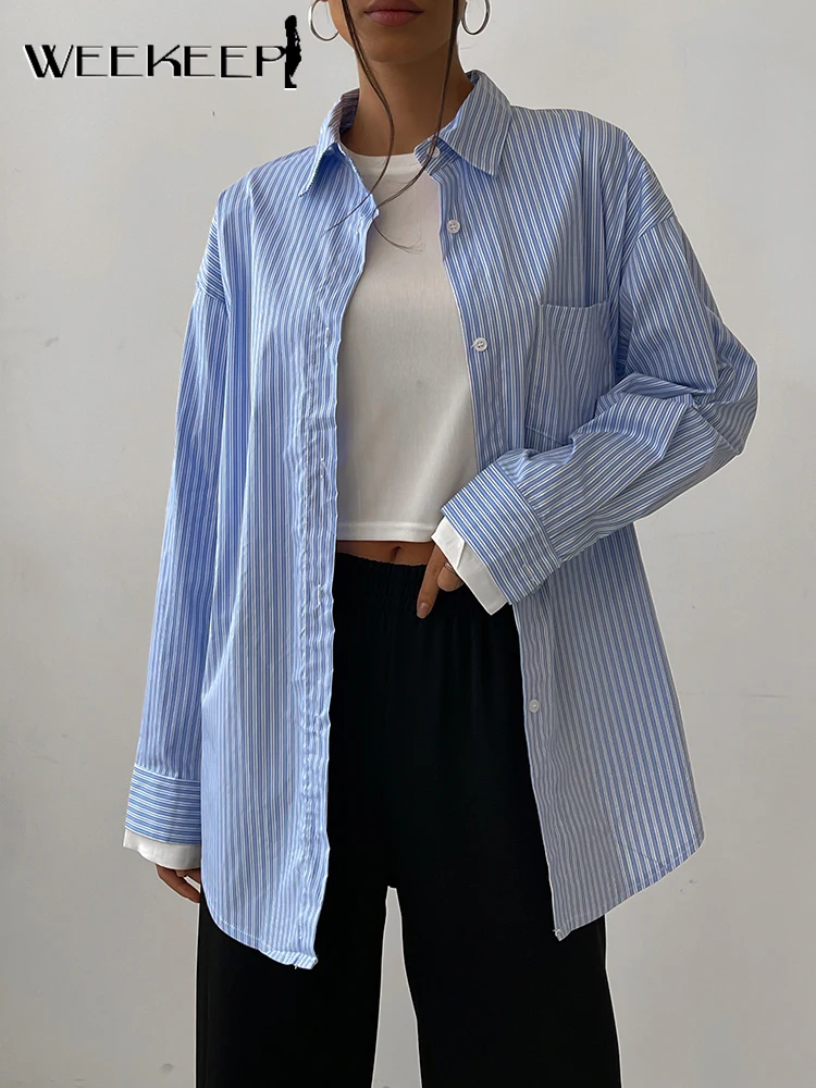 

Weekeep/осеннее свободное тонкое пальто для женщин, модная полосатая блуза на пуговицах, кардиган в стиле Харадзюку, бойфренд, уличная верхняя ...