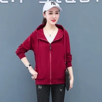 new lady sports leisure pure color zipper womens hooded coat in spring and autumn thin loose top fashion