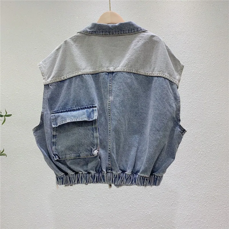 

Spring Korean Light Blue Patchwork Denim Vest Women Clothing Summer 2021 Vintage Loose Frayed Burrs Casual Jeans Sleeveless Tops
