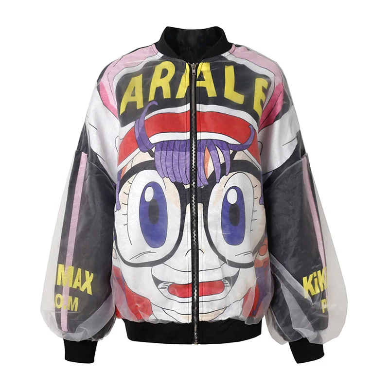 

Mesh patchwork streetwear zipper outerwear cartoon print women jackets oversized hip hop ladies jacket loose spring jacket women