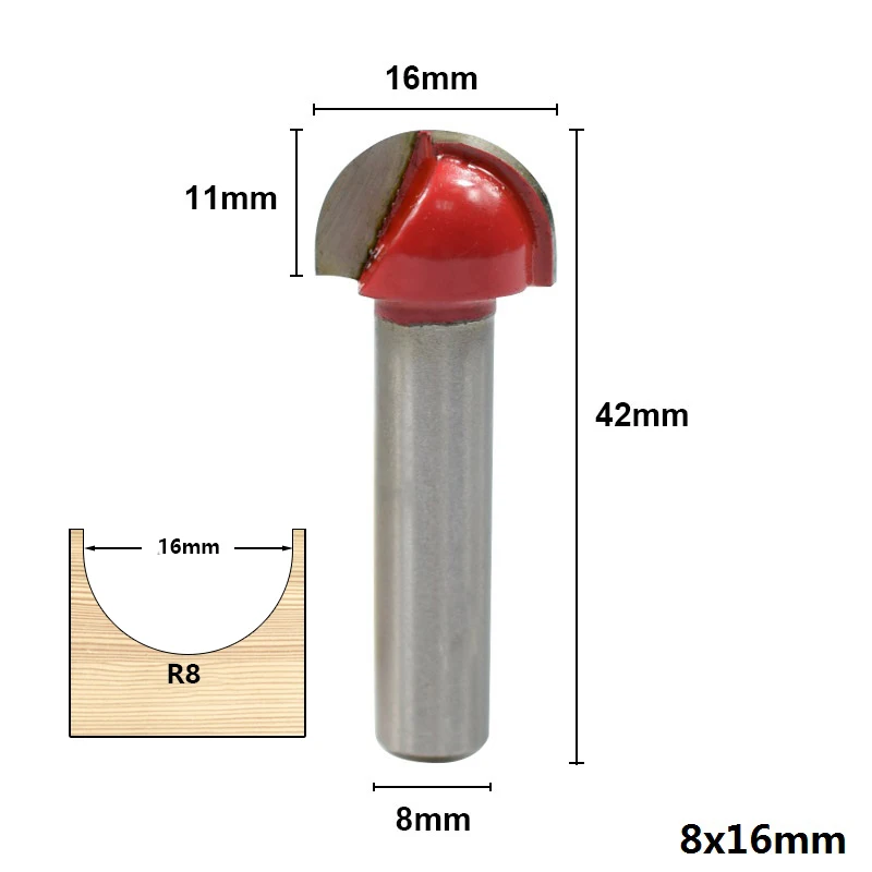 8x16mm 1 шт. Концевая фреза 8 мм хвостовик стержневого ящика, Фасонная Фреза Для закругления уголков фреза для дерева 16/19/22/25 мм - Длина режущей кромки: 8x16mm