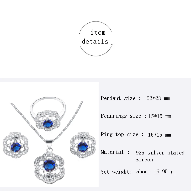 Top quality Blue flower Zircon Silver Fashion jewelry AAA zircon Jewelry Sets Earrings Necklace rings sz #7 #8 #9 JS554 | Украшения и