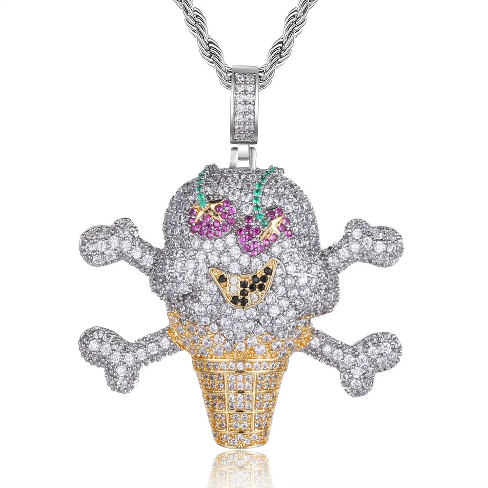 

Pendant necklace ice cream pirate skull iced out men hip hop copper cubic zironia women jewelry with 24 inch rope link chains