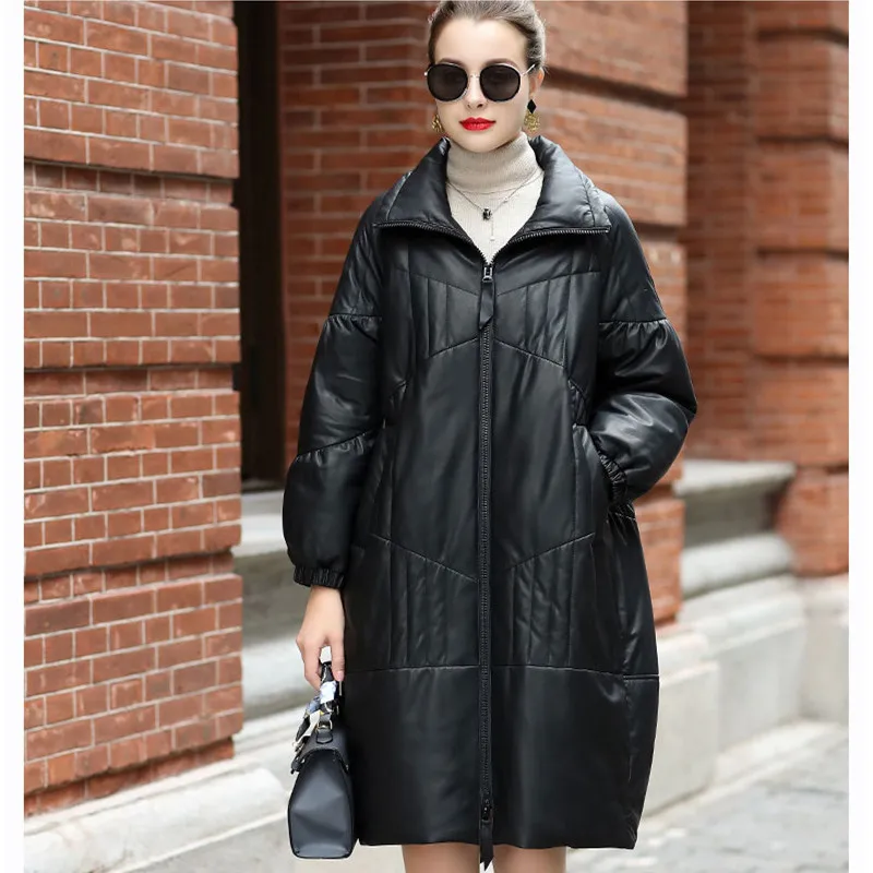 Leather Down Jacket Women's Winter Sheepskin Silhouette Long Thickened Loose Coat Lapel Warm Genuine Leather Tops