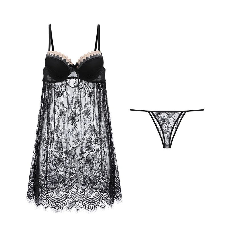 

Black Pajama Set for Women Sleepwear Kawaii Pajama Mesh Lace Bandage Backless Nightdress with Panty Lounge Wear Dropshipping