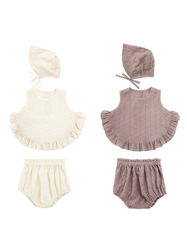 

Girls' Suit Thin 2021 Summer New Vest Hollow Out Breathable Top Three Piece Baby PP Pants Set