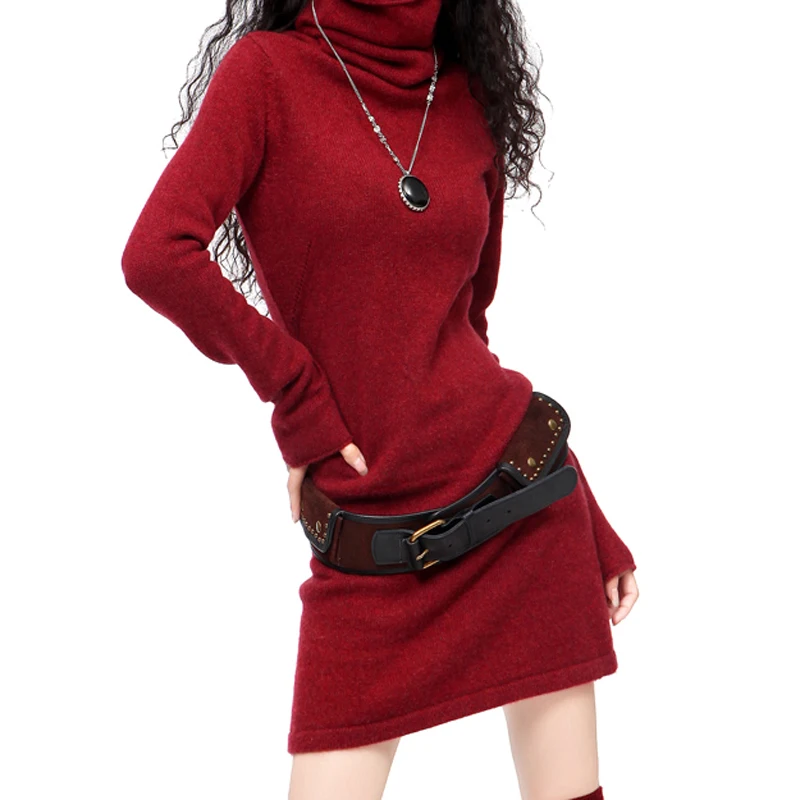 

Women's Long Flare Sleeve Cashmere Wool Turtleneck Vintage Sweater Dress Women Winter Black White Red Chinese Warm Casual Dress
