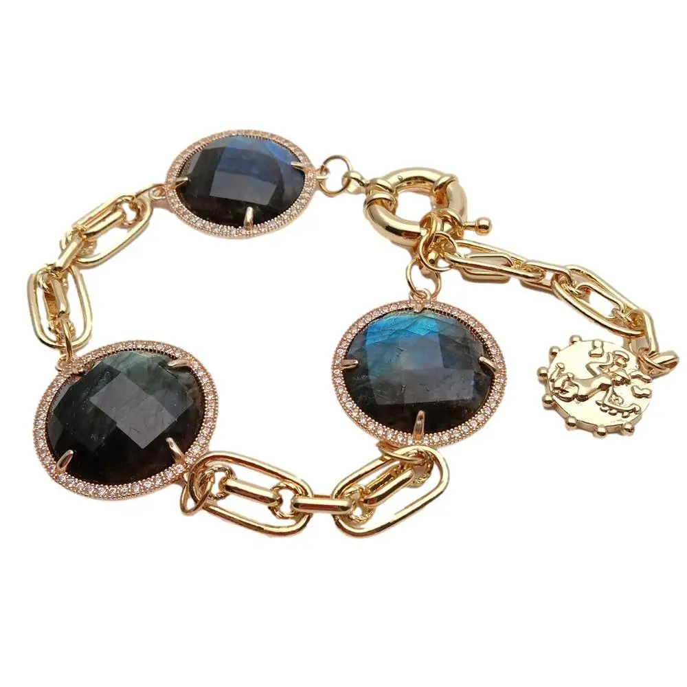 

Y·YING Natural Labradorite Coin Shape Cubic Zirconia Pave Bezel Set Gemstone Chain Bracelet