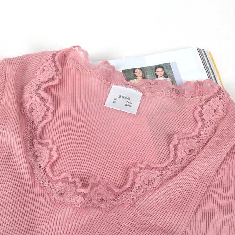 Женская эластичная Облегающая рубашка привлекательная Кружевная футболка из 70%