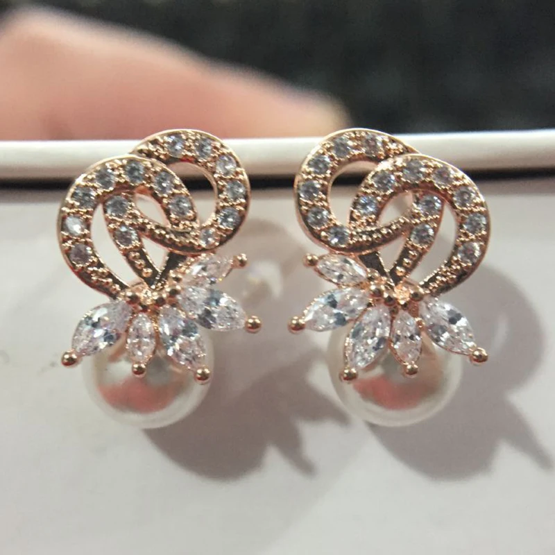 Rose Gold Классические серьги-капли с искусственным жемчугом и цирконием маркизы для женщин, Роскошные вечерние свадебные ювелирные изделия с кристаллами, подарок brinco - Окраска металла: Rose Gold