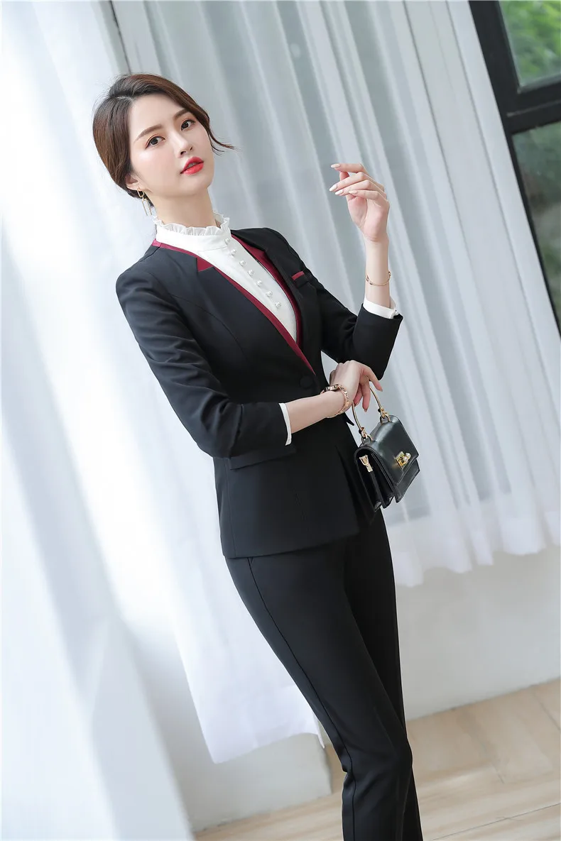 IZICFLY Spring Autumn Slim Ladies Suit with Pant Uniform Designs Two Piece Set Women Elegant Business Blazer and Trouser Black