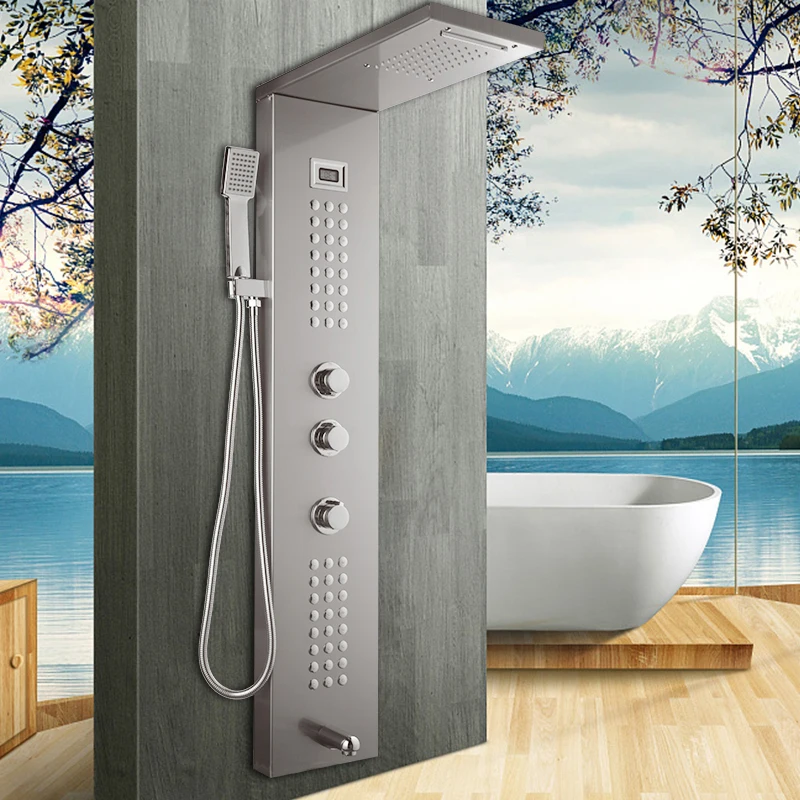 

OUBONI Nickel Brush Shower Column Bathroom Wall Mounted One Handle Hand shower Tub Spout Massage System Shower Panel