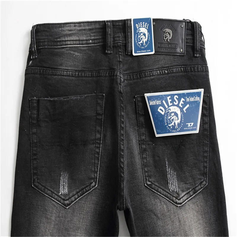 Men's Large Size Broken Hole Straight Tube Slim Casual Fashion Joker Micro-Elastic Trend Middle Waist Jeans Pants