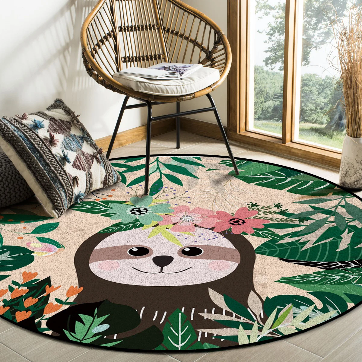 

Sloth Animal Forest Nature Cartoon Green Round Carpets for Bed Room Non-slip Rugs for Living Room Entrance Mat Circle Rug