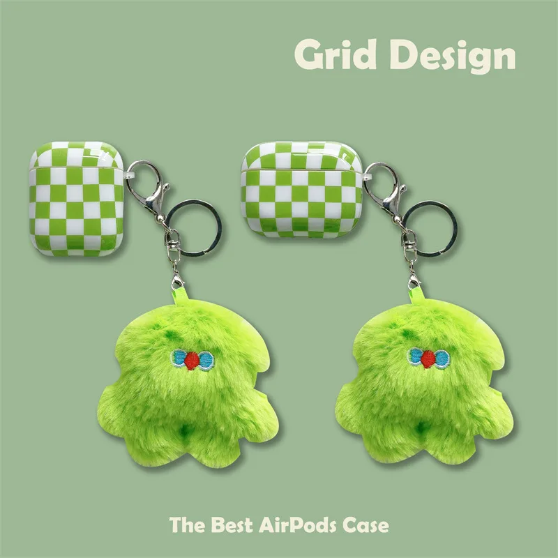 

Green White Checkerboard Cartoon Plush Green Monster Pendant Apple AirPods 1 2 3 Pro Case Cover Airpod Case Air Pods Case