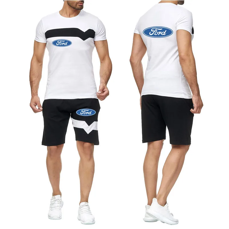 

2021cotton Fashion casual summer Men's T-shirt set Ford car logo printing trend Hip hop street New Hot sale Men's sports suit