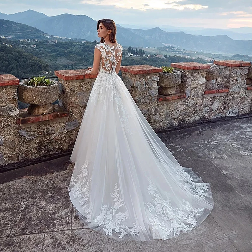 Elegant Lace A Line Wedding Dress O Neck Appliques Floor Length Formal Bride Marriage Bridal Gowns Robe De Marriee Plus Size