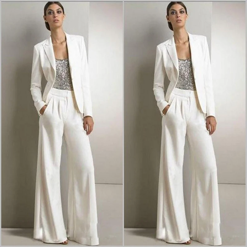 

2020 New Bling Sequins Ivory White Pants Suits Mother Of The Bride Dresses Formal Chiffon Tuxedos Women Party Wear New Fashion M