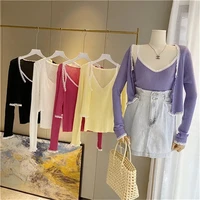 2pcs set skorean casual spring cardigan women single breasted long sleeve cardigans with vest female sweater sueters de mujer