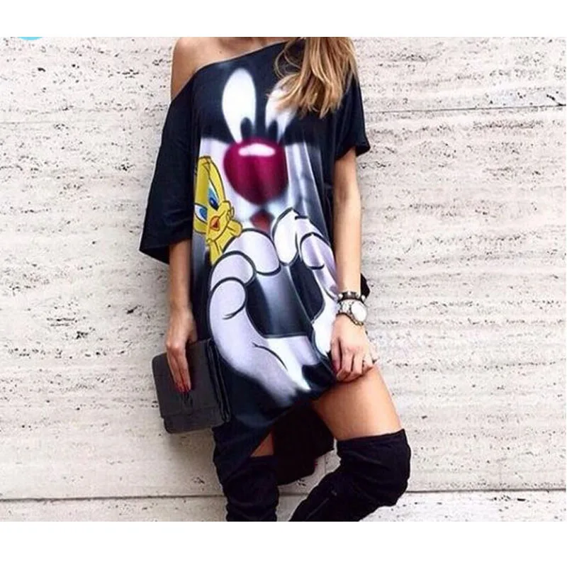 Женское свободное хлопковое Повседневное платье с принтом из мультфильма