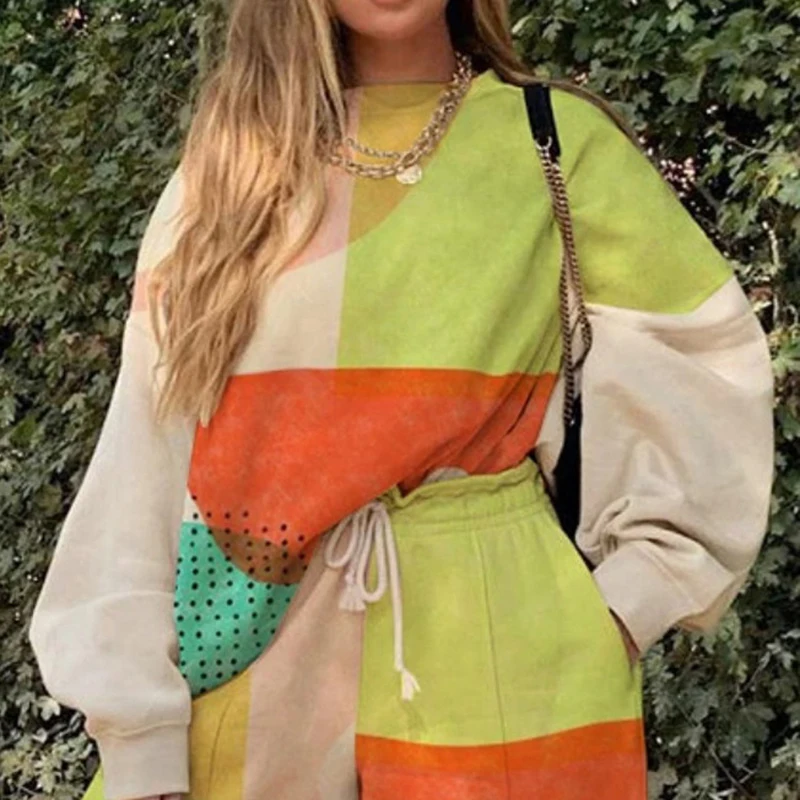 

VGH Print Hit Color Two Piece Set For Women O Neck Long Sleeve Tops High Waist Pants Loose Sets Female 2021 Fashion New Spring