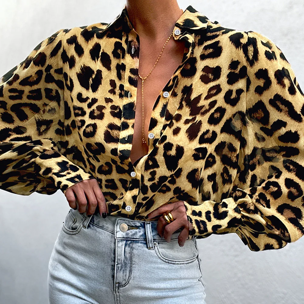 

European American Style Autumn 2021 New Texture Leopard Print Shirt Puff Sleeve Shirt Female V-neck Fashion Temperament