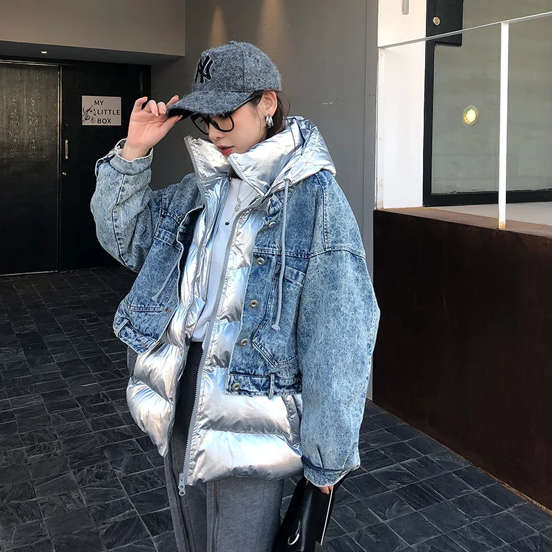 Женские джинсовые пальто с капюшоном свободные имитацией двух предметов