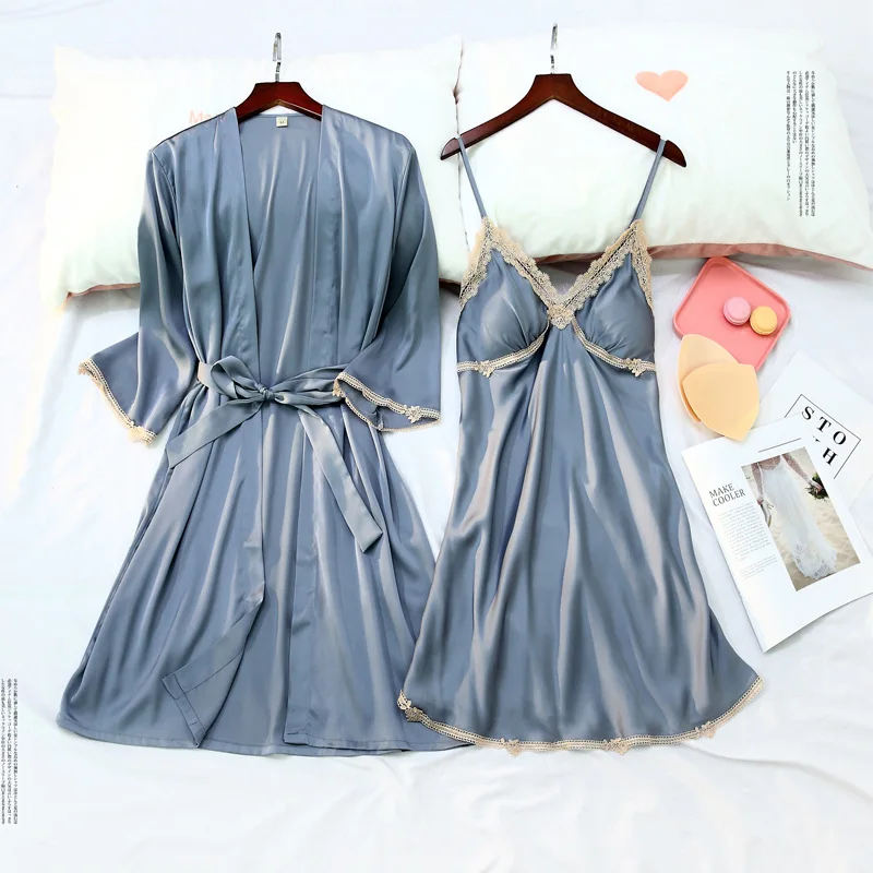 

2PCS Satin Lace Robe Gown Summer Womens Nighty Bathrobe Nightdress Sexy Kimono Sleep Gown Chest Pads Sleepwear Strap Dress