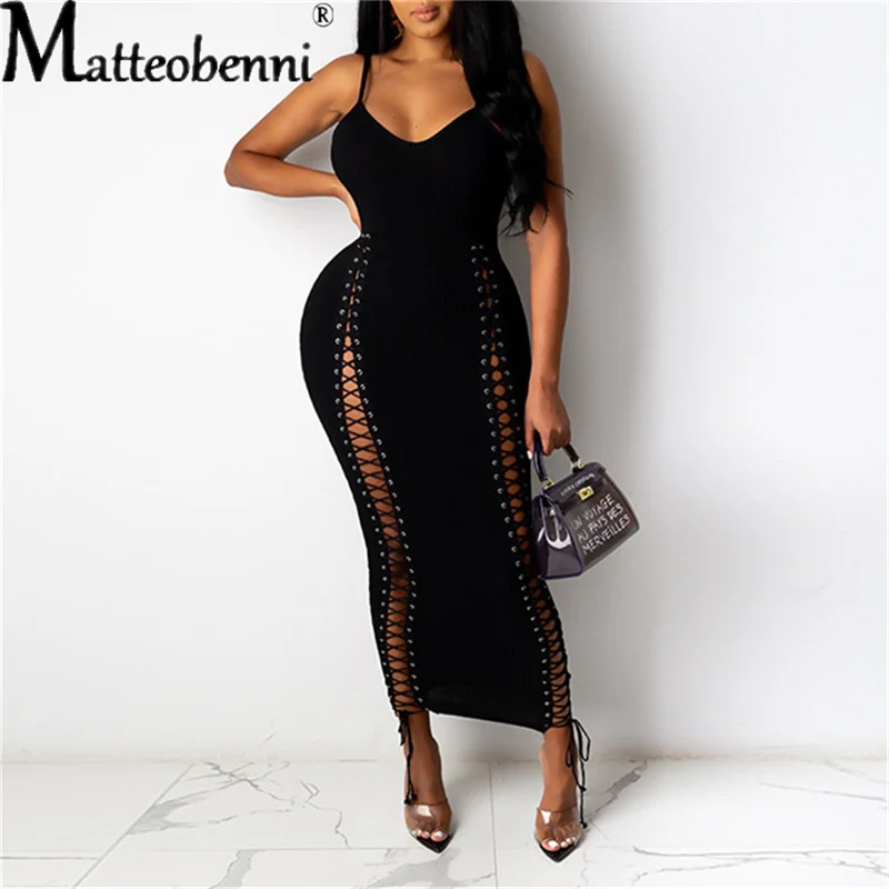 

Sexy Sling V Neck White Vintage Maxi Dress Evening Prom Dresses Women Summer 2021 Party Club Hollow Bandage Casual Long Dress