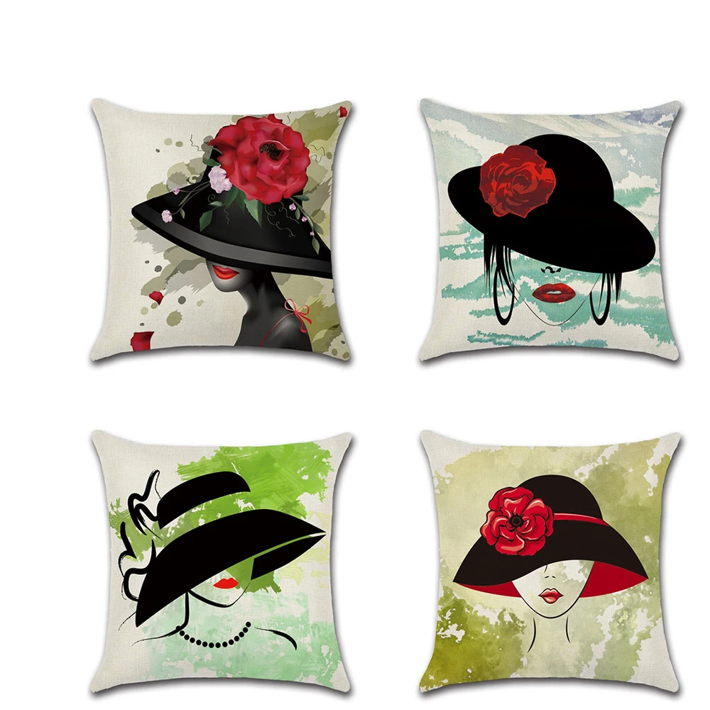 

45cm*45cm Wear A Hat Woman Self Portrait Hand Painted Linen Throw Pillow Covers Couch Cushion Cover Home Decor