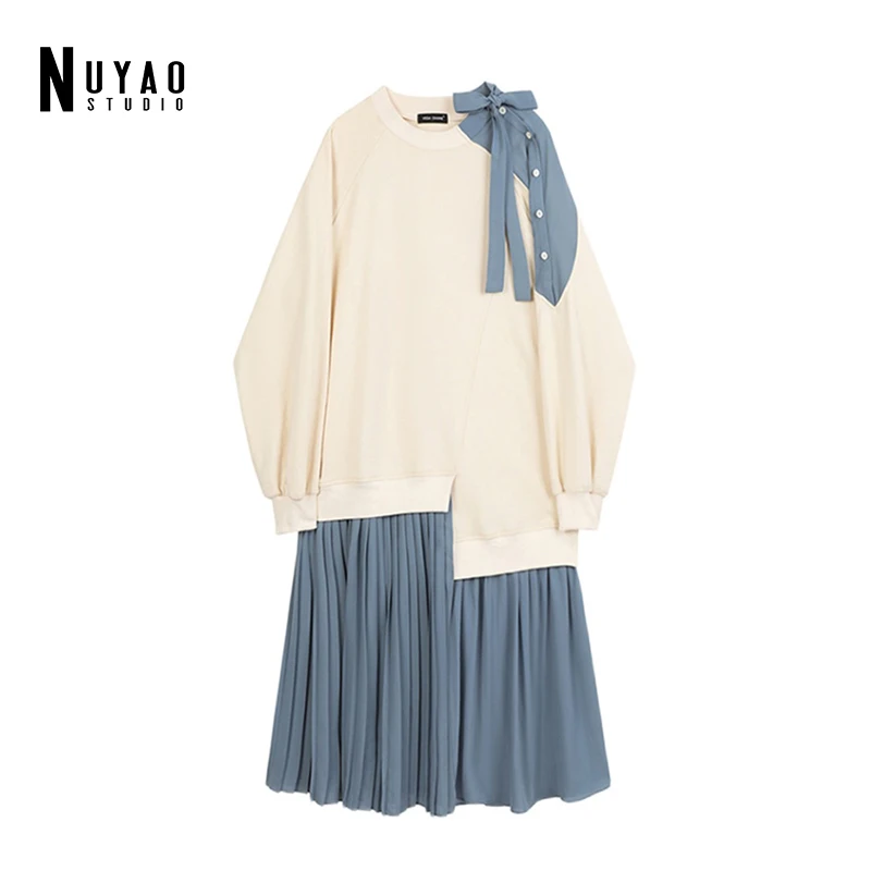 

Женское Плиссированное длинное платье большого размера с бантом и имитацией двух имитаций, новое свободное модное лоскутное платье с кругл...