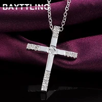 bayttling aaa zircon silver color 18 inch cross pendant link chain necklace for woman luxury party jewelry birthday gift