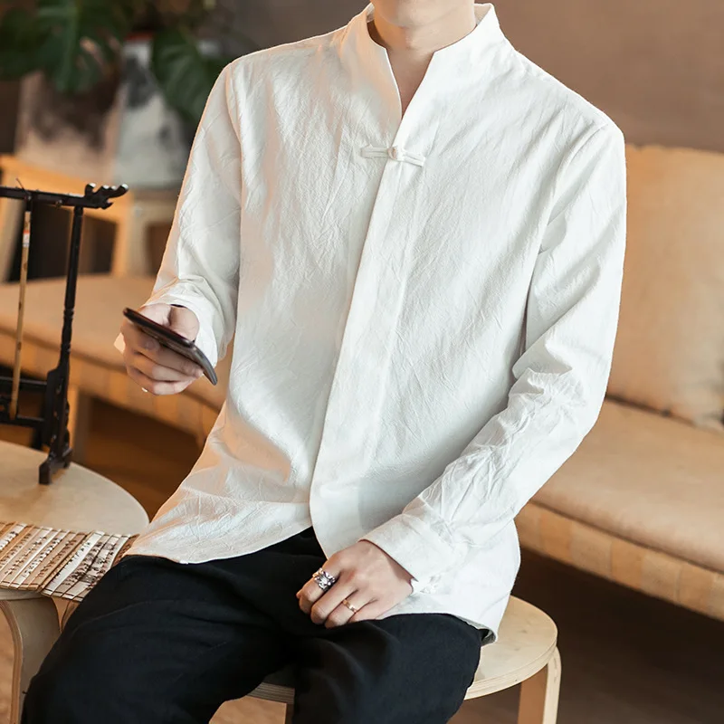 

Fashion men's long sleeve Linen Shirt Large Men's autumn jacket Antique Chinese Tang cotton hemp shirt autumn