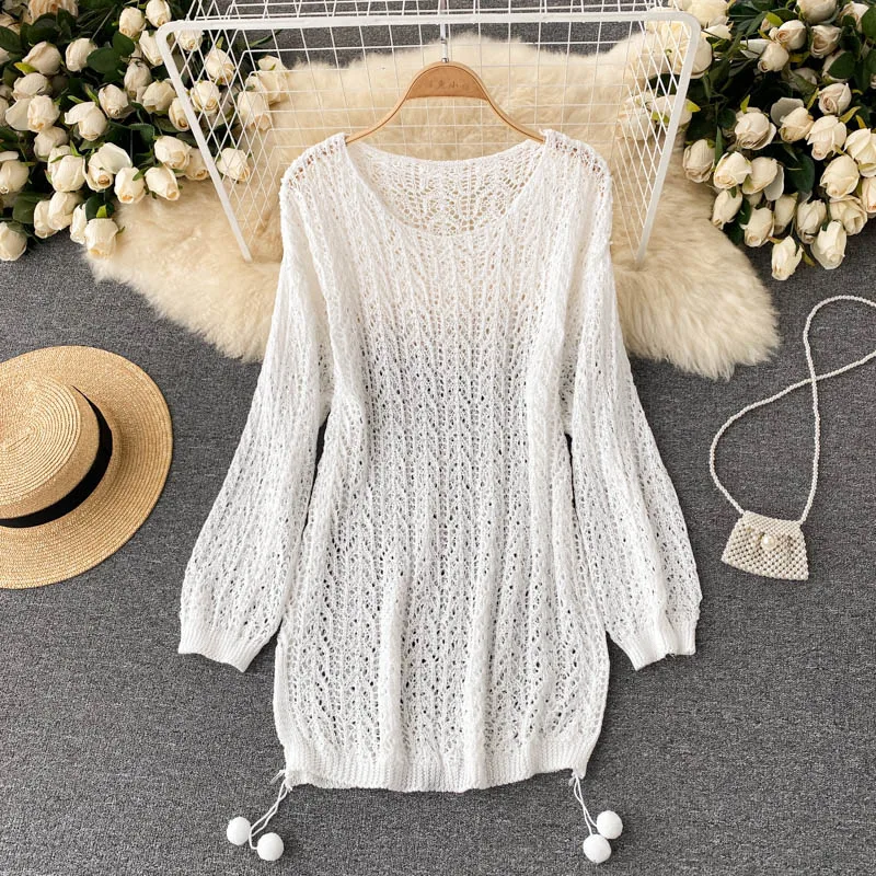 New Beach Sexy Hole Sweater Bow Tie Ball Hem Loose Knitted Crochet Hollow Out Long Side Split Knit Jumper Tops Holiday | Женская одежда