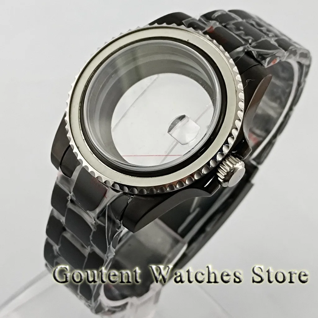 

40mm Black PVD Watch Case Silver Bezel Sapphire Glass Fit NH35 NH36 ETA 2836,2824 DG2813/3804 Miyota 8215 821A PT5000 Movement