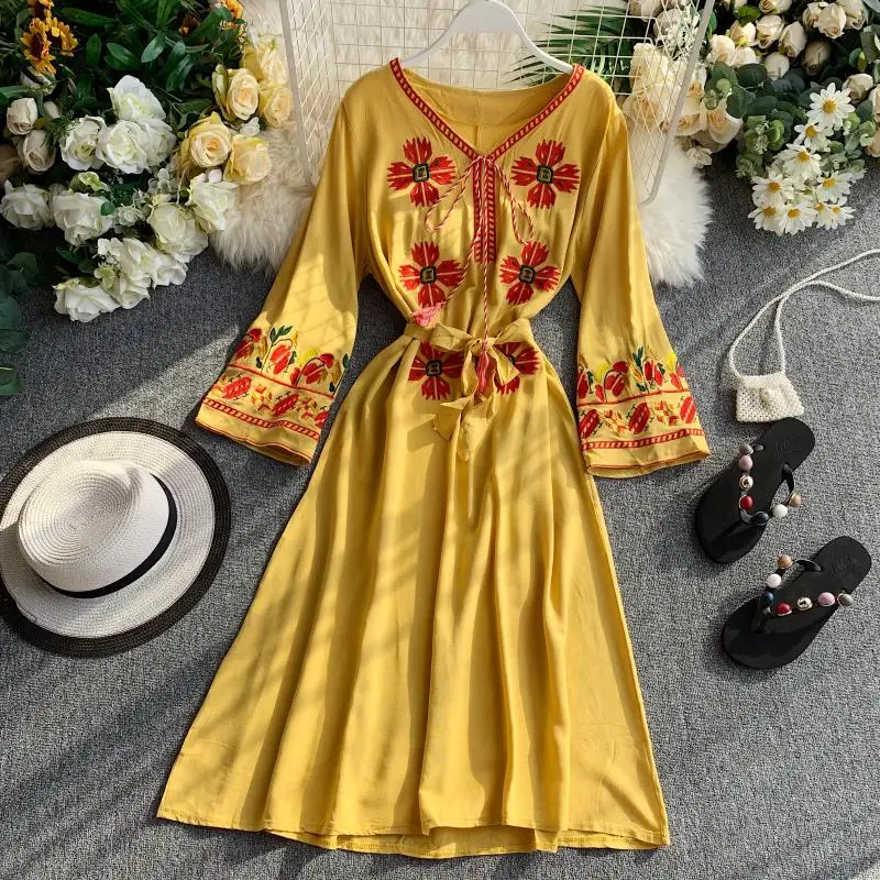 Женское платье с цветочной вышивкой ropa verano mujer приталенное Хлопковое длинным