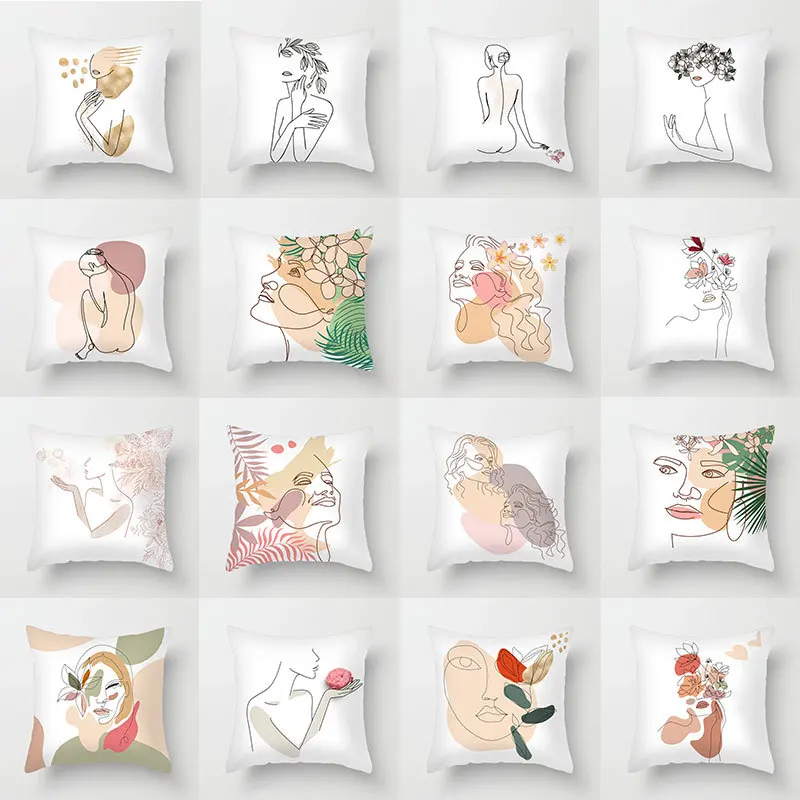 

Black and White Geometry Minimalist Line Abstract Pillow Cover 45x45 Flannel Character Flower Head Portrait Throw Pillowcase
