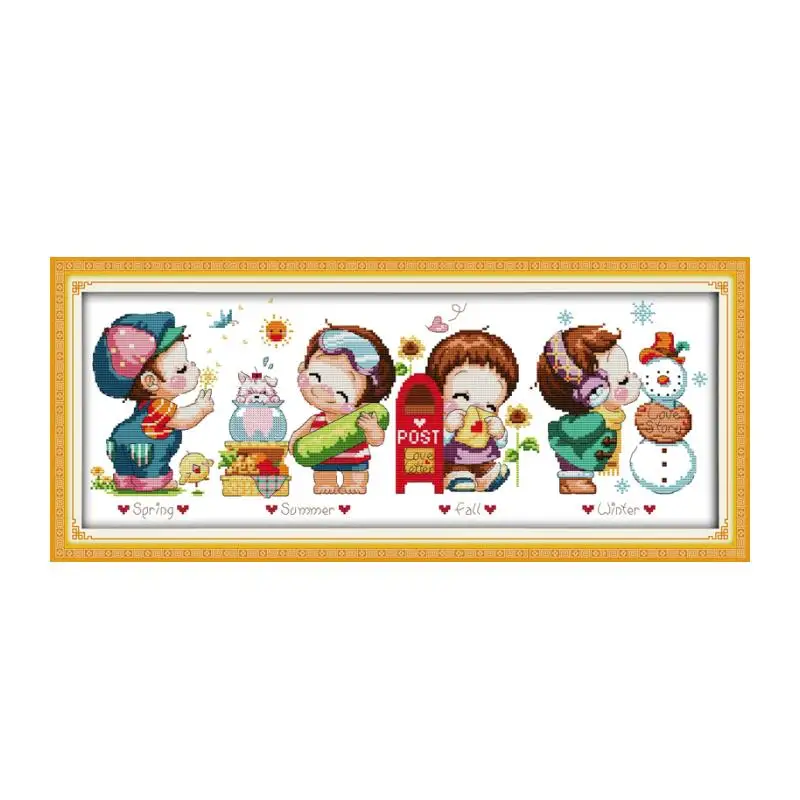 

The four seasons boy cross stitch kit cartoon 14ct 11ct count print canvas stitching embroidery DIY handmade needlework