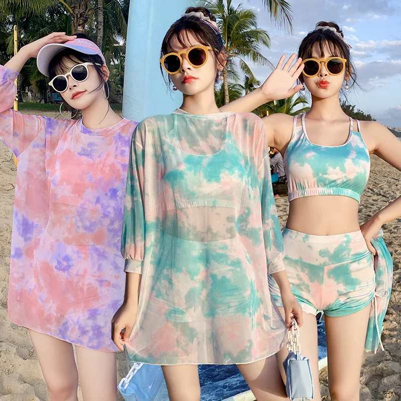 

Women's Three-piece Swimsuit 2021 New Boxer Briefs Casual Style Geometric Pattern Sunscreen Large Size Meat-covering Swimsuit