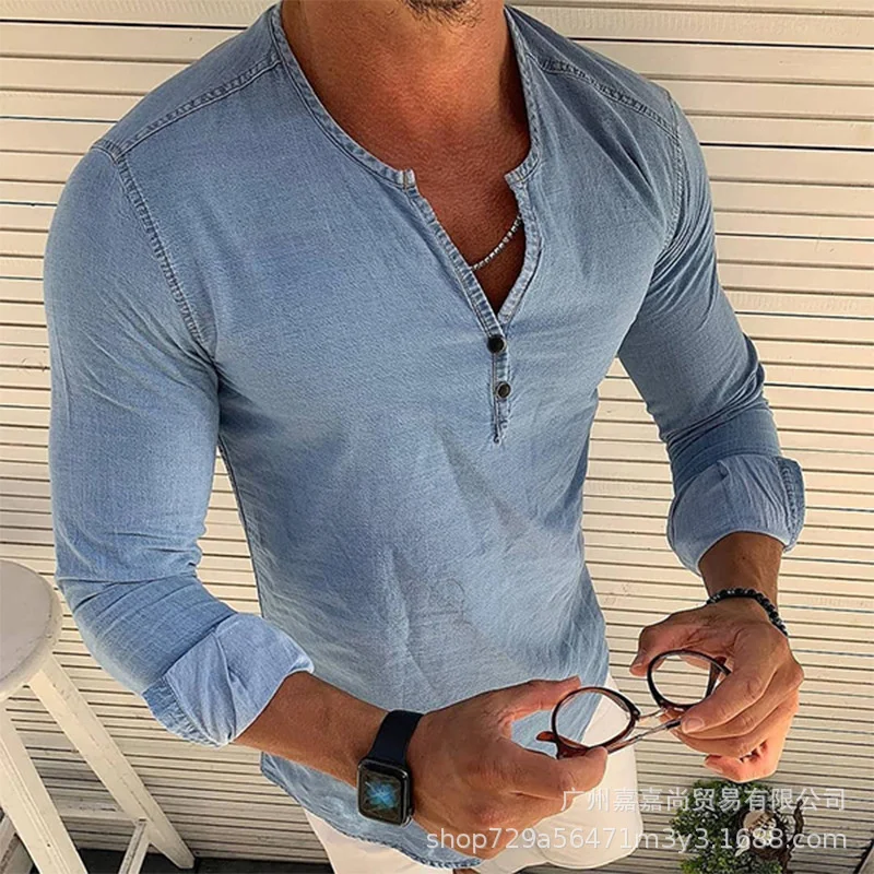 

Мужская джинсовая футболка с V-образным вырезом, голубая Приталенная футболка с длинным рукавом, новинка 2021