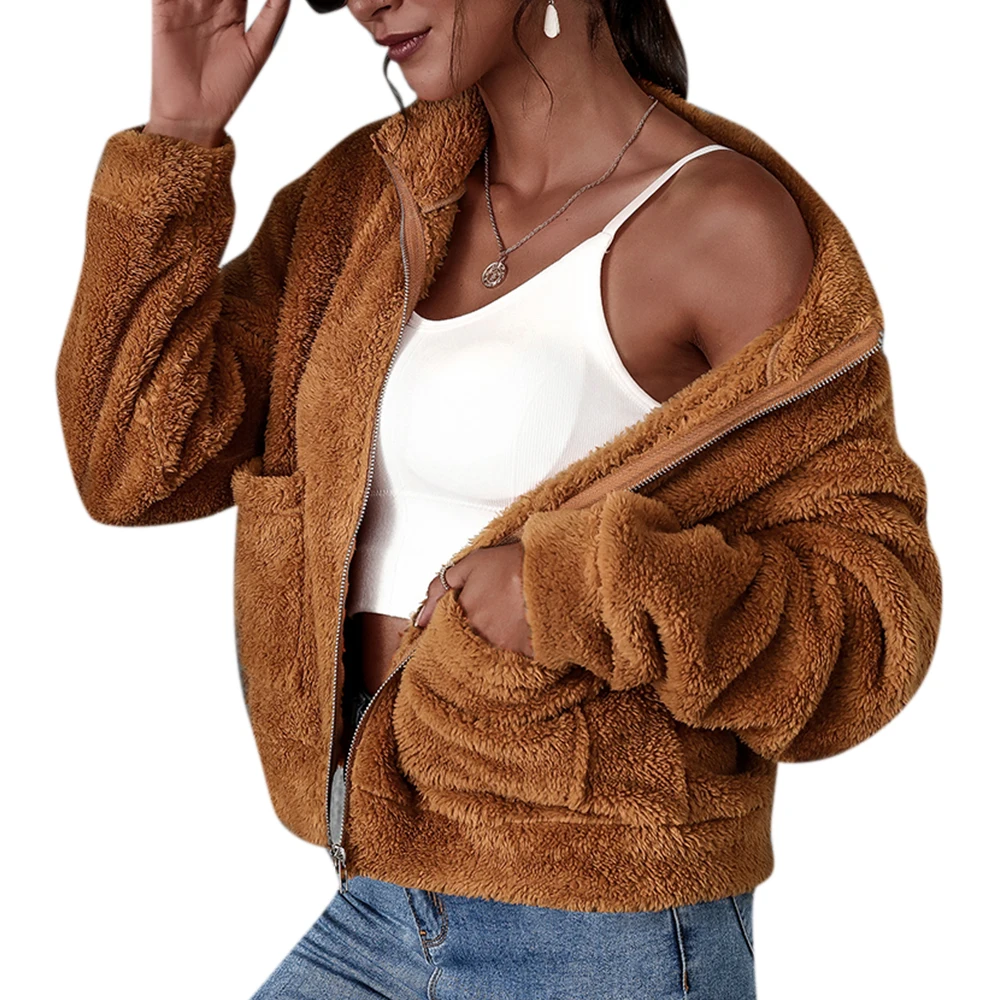 

Winter Women's Coat Solid Faux Fur Coat Female Pocket Button Short Top Casual Women Clothing Long Sleee Coat Top