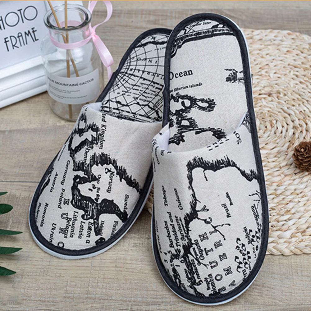 

Man Women Non Slip Guest Disposable Slipper Children Bathroom Travel Map Print Portable Spa Home Closed Toe Hotel Practical